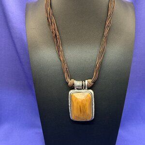 Coldwater Creek Luminescent Gold Faceted “Stone” on Brown Cord Necklace